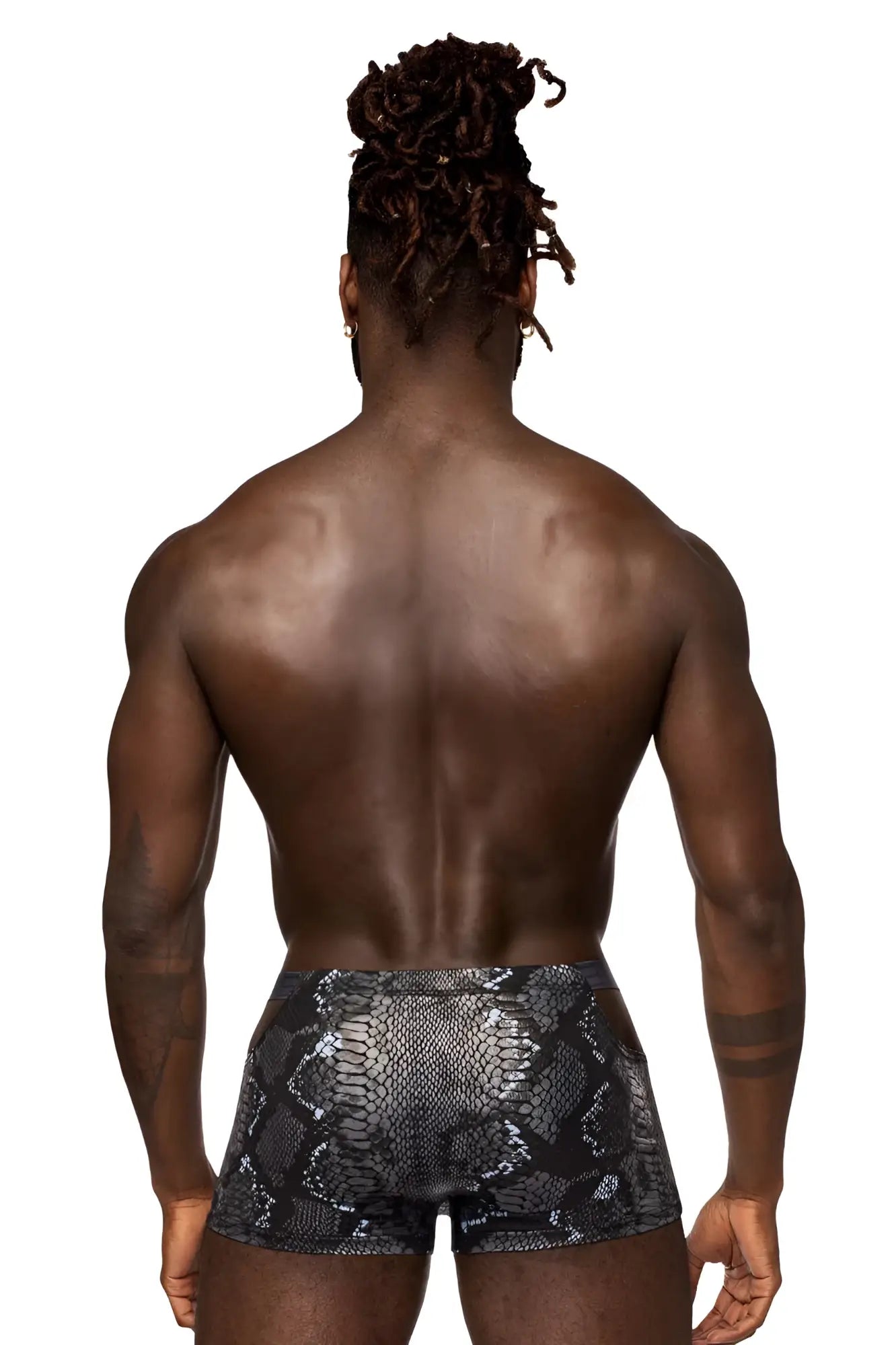 Black and silver snakeskin patterned men’s briefs with naked pouch by Male Power in black and blue colors