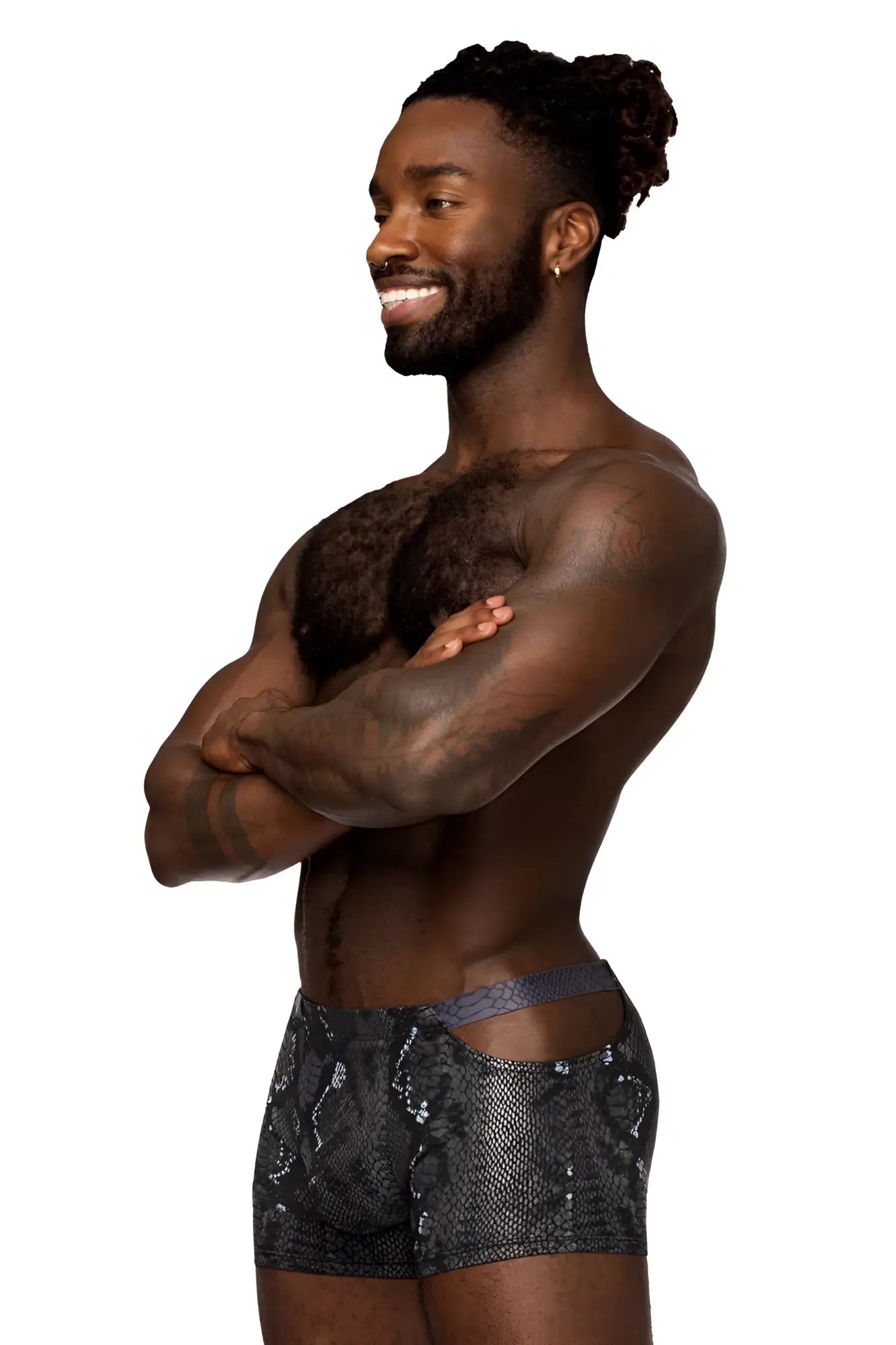 Male power 153-282 s-naked pouch short boxer briefs in black-blue snake-print with sleek textured fabric and gray waistband