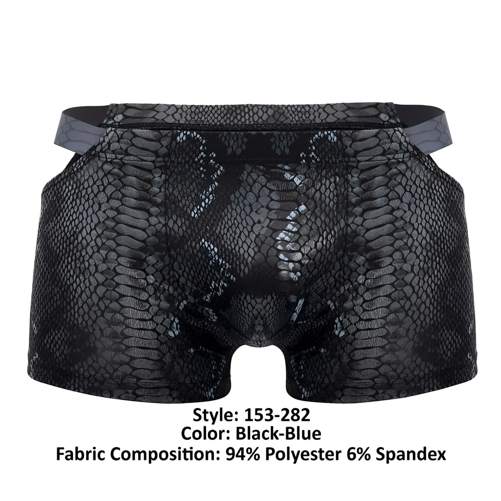 Black-blue snake-scale patterned men’s boxer briefs made of 94 percent polyester and 6 percent spandex