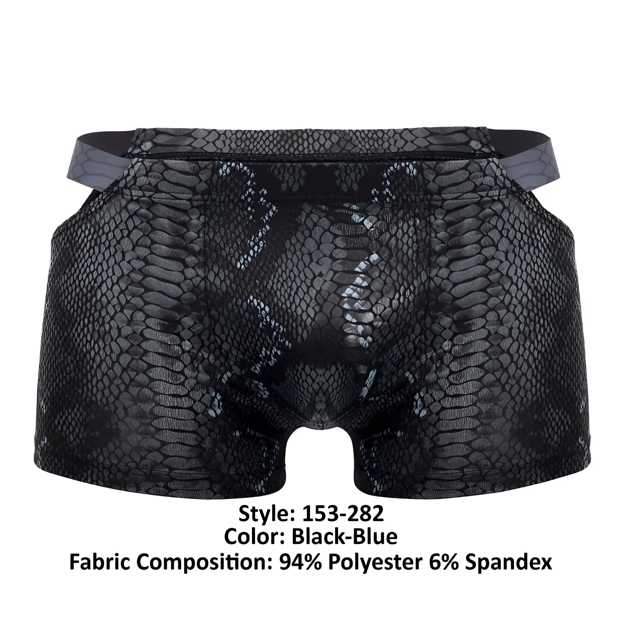 Black-blue snake-scale patterned men’s boxer briefs made of 94 percent polyester and 6 percent spandex