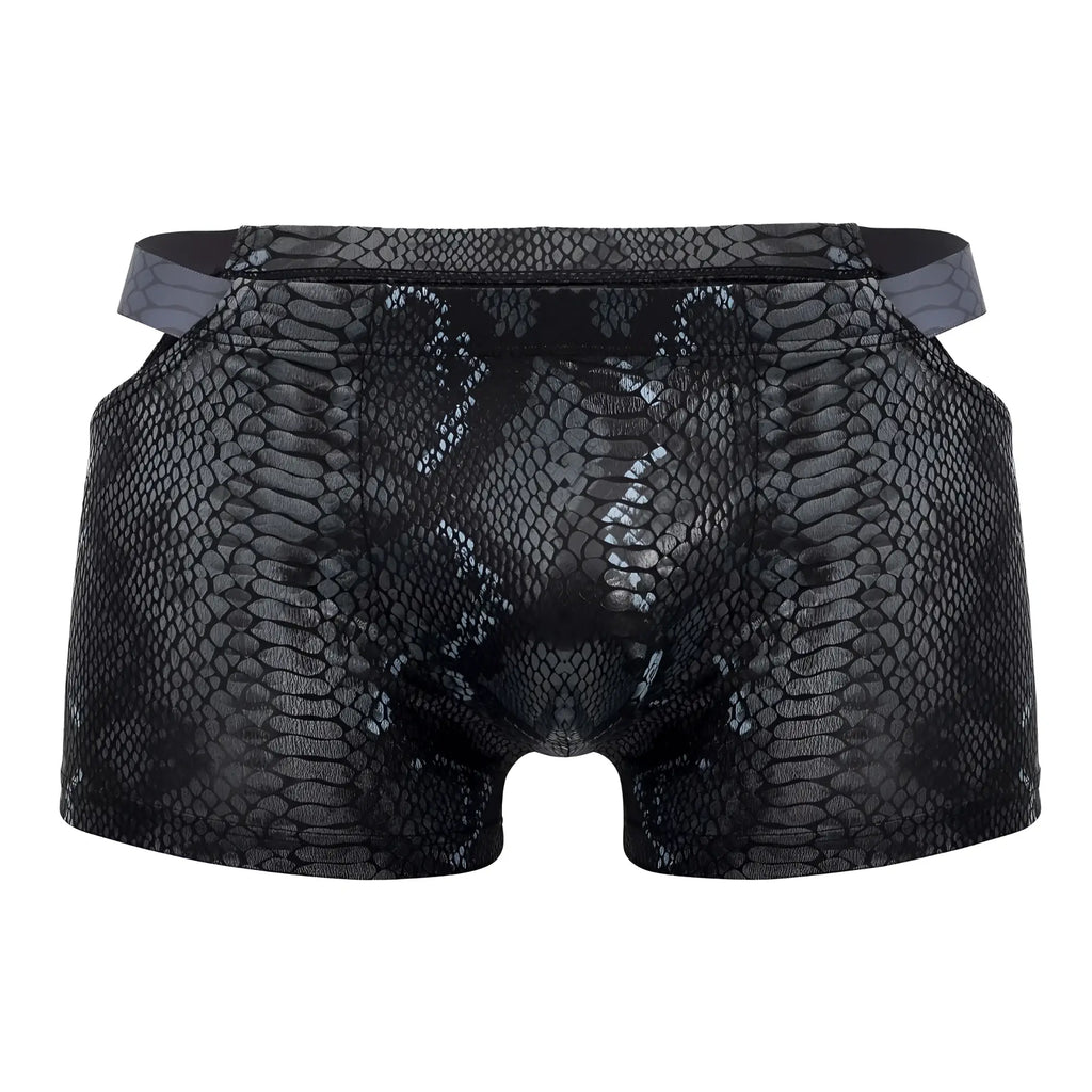 Male power 153-282 s-naked pouch short black-blue men’s briefs with black snake skin pattern and gray waistband