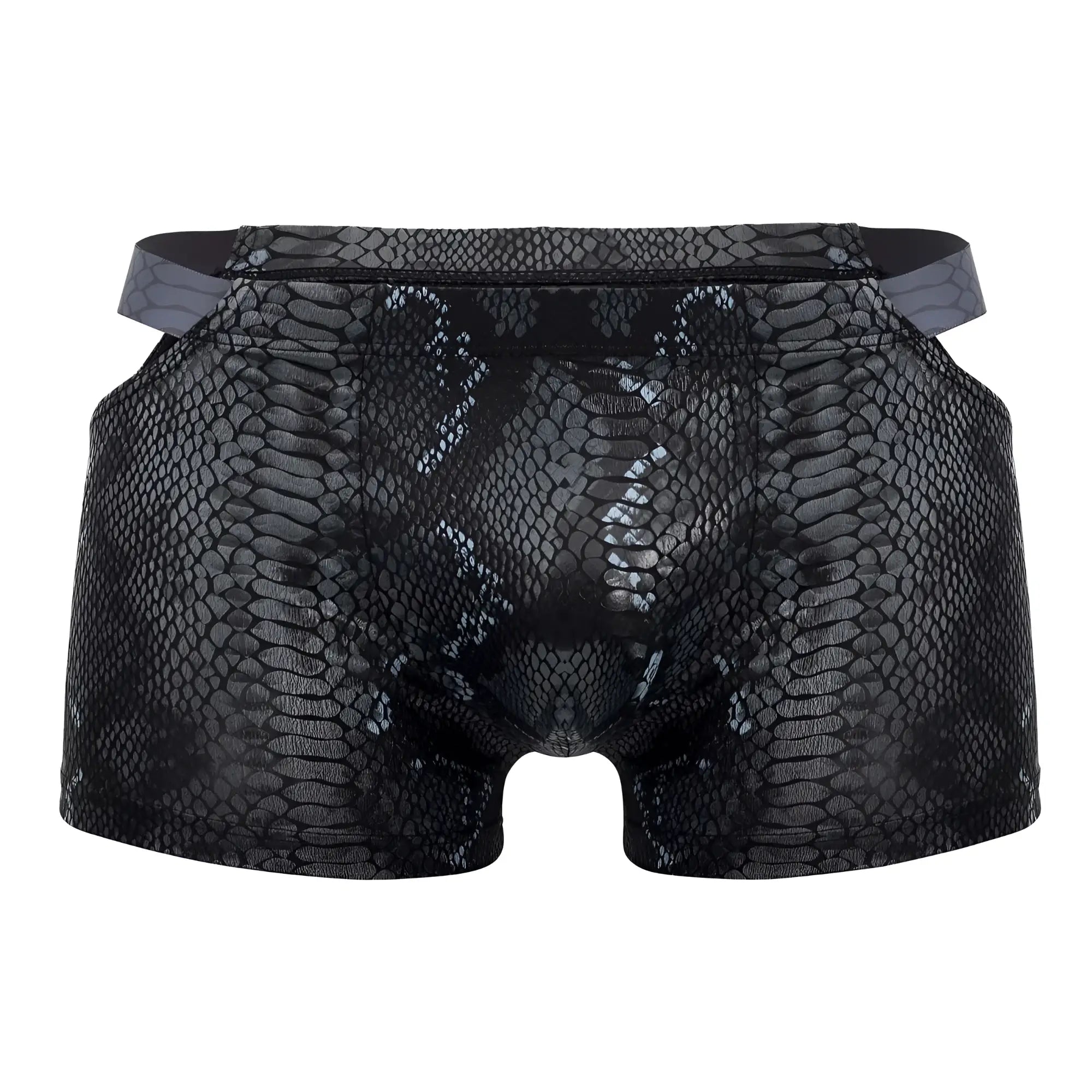 Male power 153-282 s-naked pouch short black-blue men’s briefs with black snake skin pattern and gray waistband