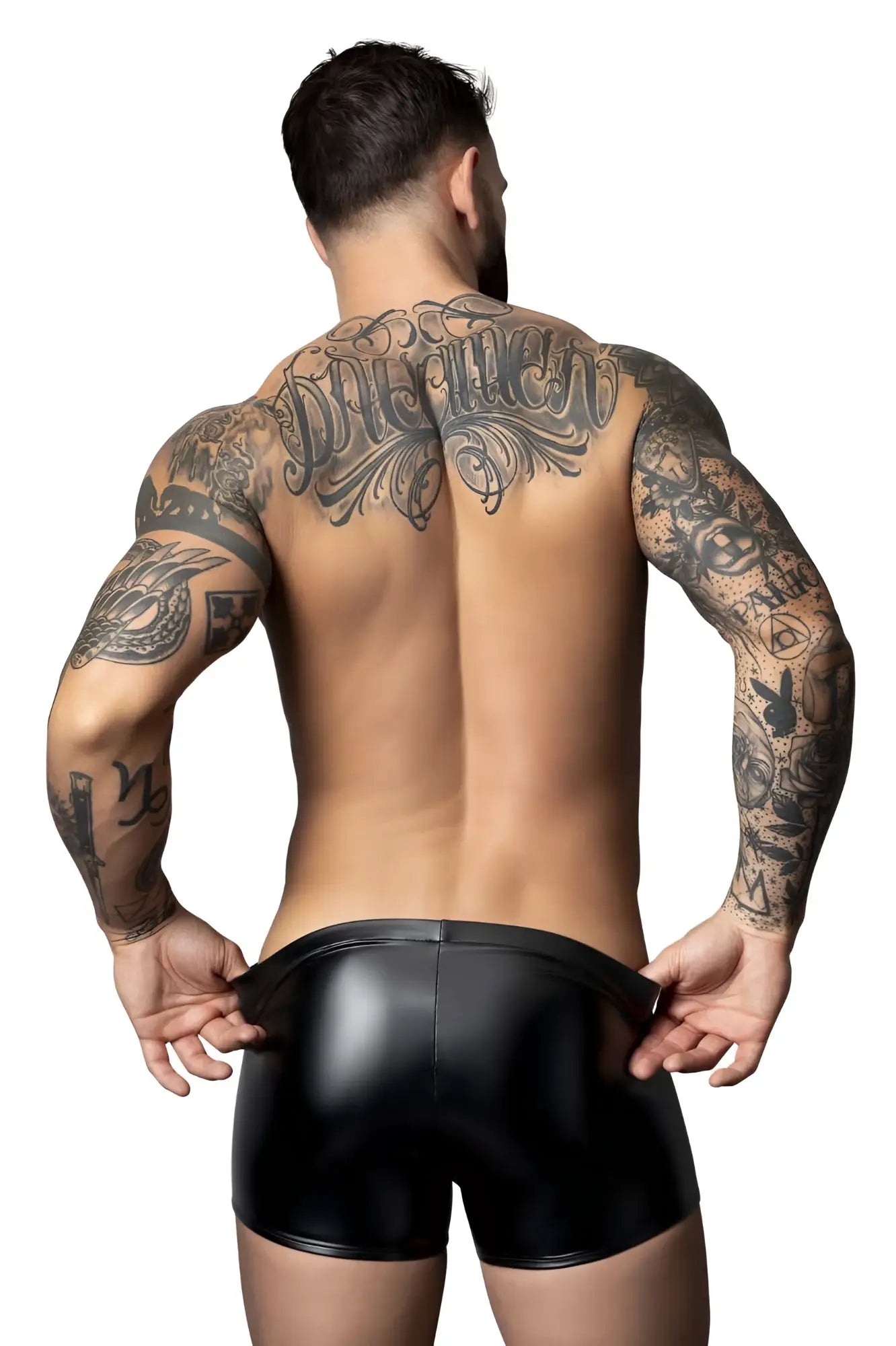 Black patent leather briefs male power 153-301 liquid onyx 2.0 pouch short in black showing front view