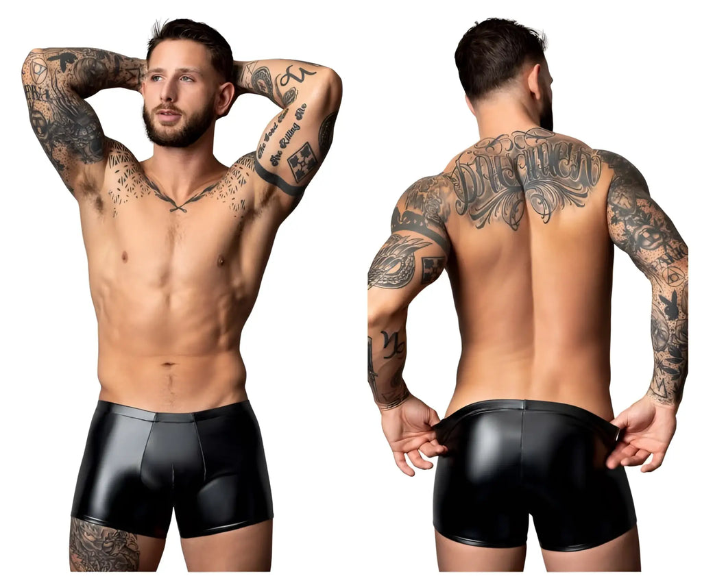Male power 153-301 liquid onyx 2.0 black patent leather briefs with sleek glossy finish and contoured design