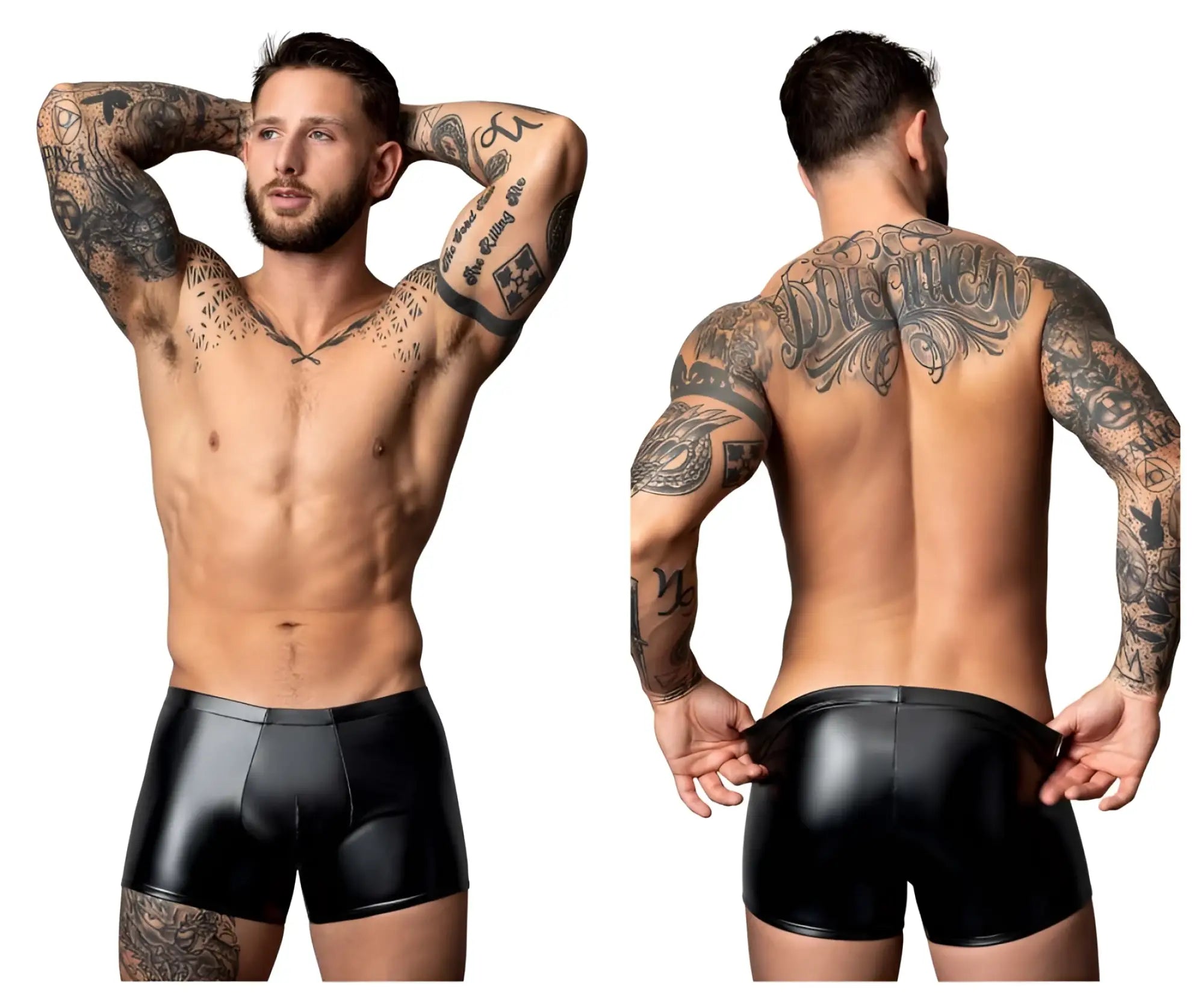 Male power 153-301 liquid onyx 2.0 black patent leather briefs with sleek glossy finish and contoured design