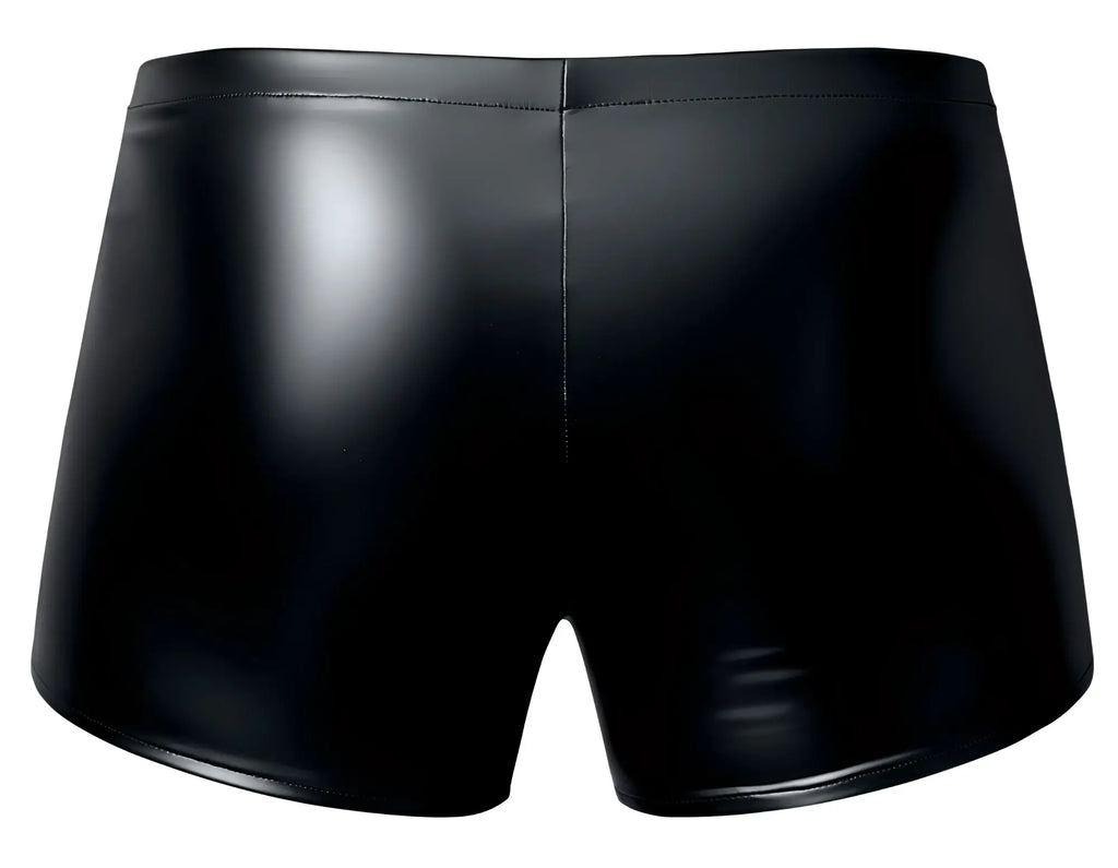 Black shiny faux leather male power 153-301 liquid onyx 2.0 pouch shorts with sleek form-fitting design