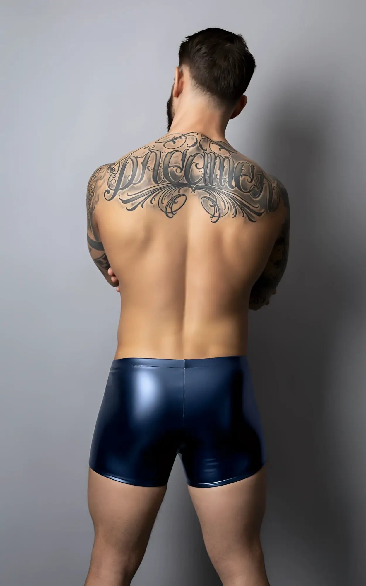Navy blue shiny latex male power 153-301 liquid onyx 2.0 pouch shorts for a sleek bold look