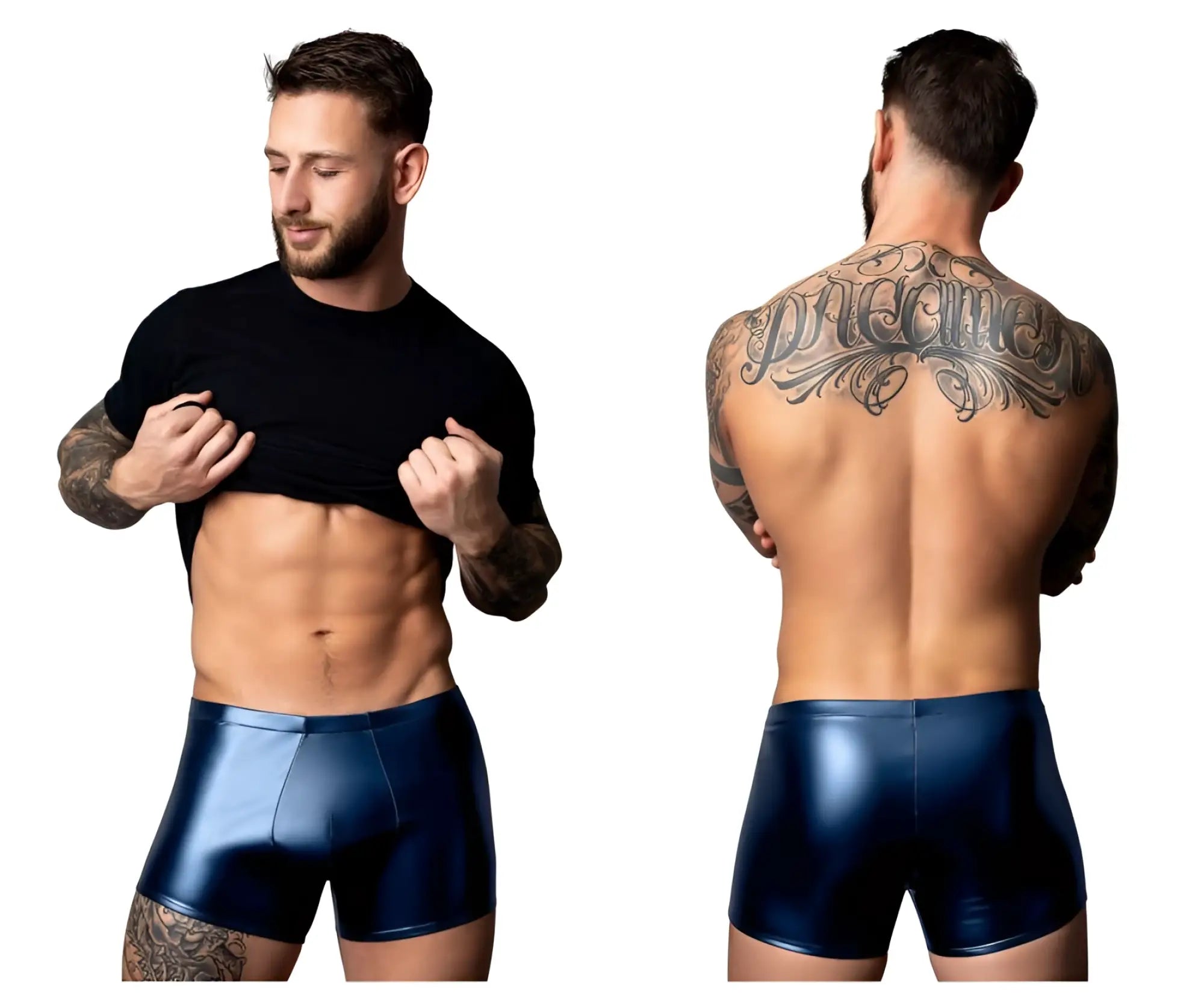 Shiny navy blue faux leather briefs male power 153-301 liquid onyx 2.0 pouch short for men