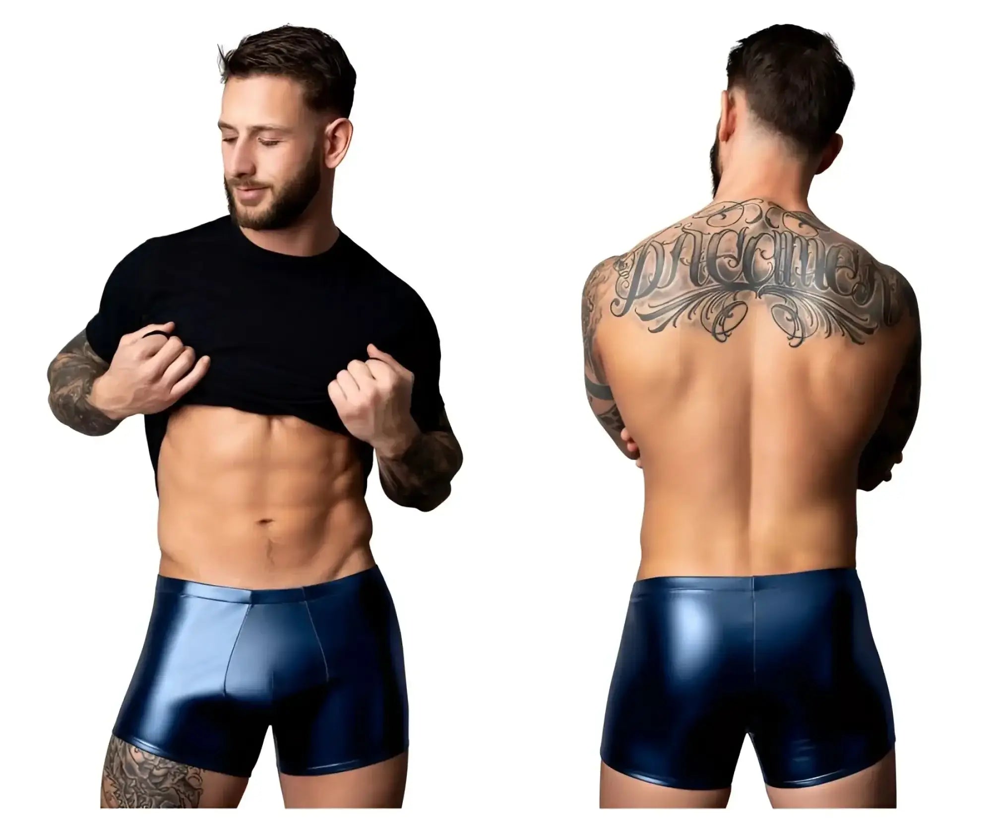 Shiny navy blue faux leather briefs male power 153-301 liquid onyx 2.0 pouch short for men