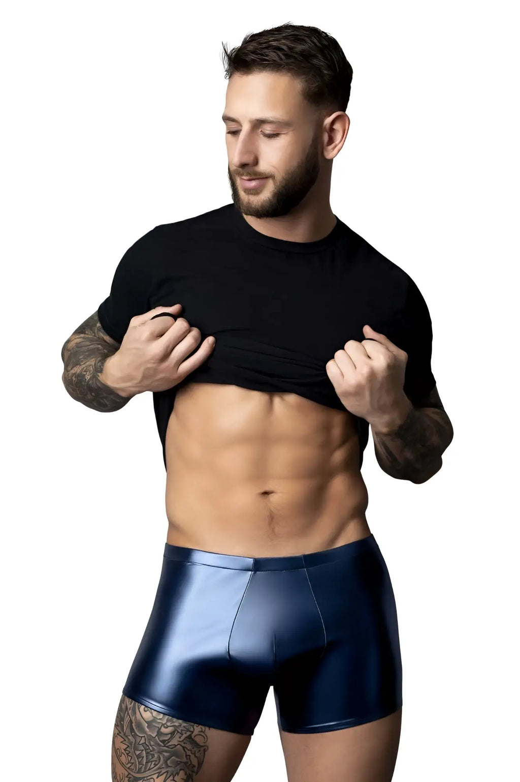 Male Power 153-301 Liquid Onyx 2.0 shiny navy blue metallic briefs with pouch for men in blue color