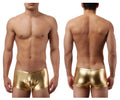 Male power 153070 heavy metal mini short boxer briefs in gold metallic fabric showing front view