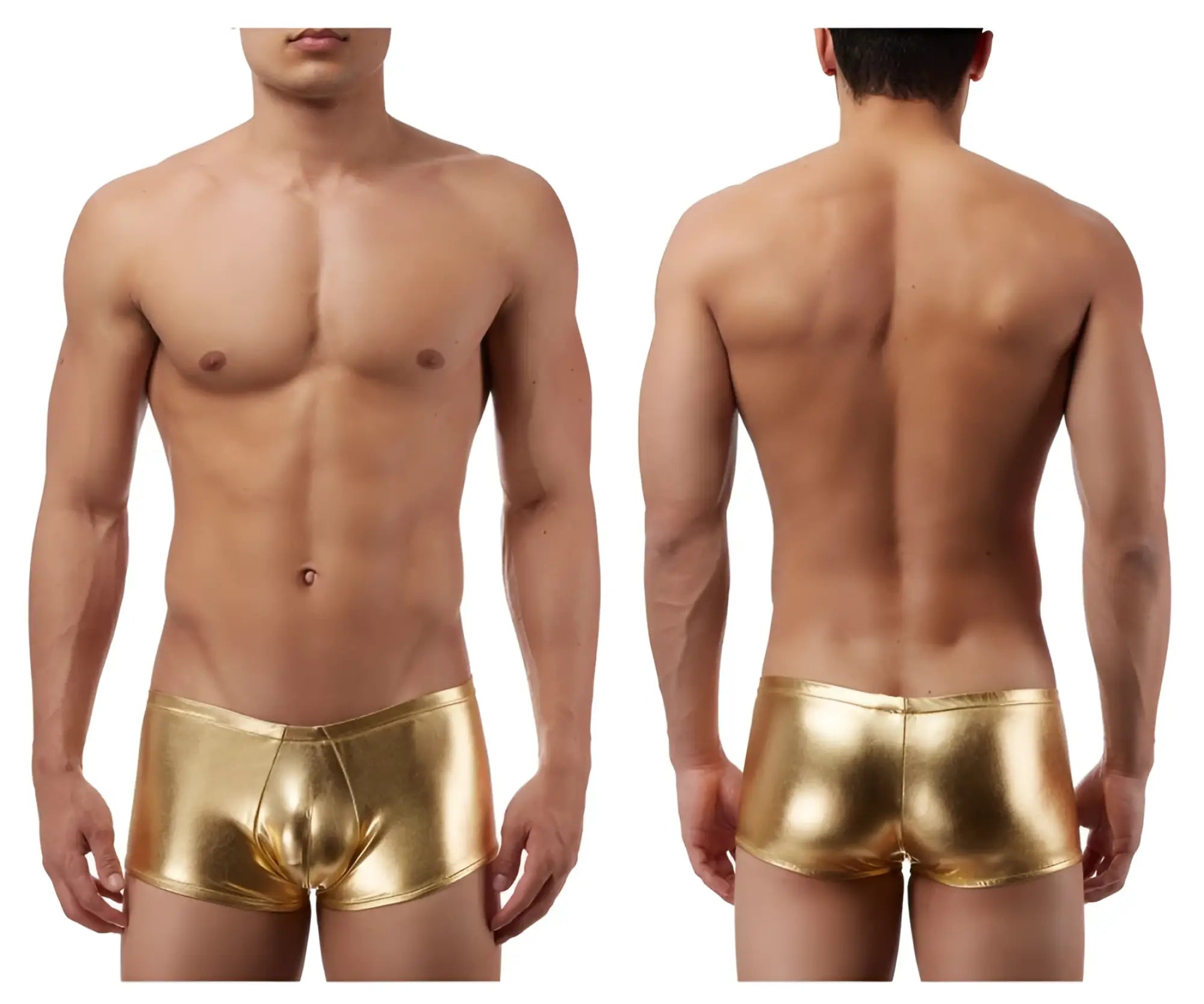 Male power 153070 heavy metal mini short boxer briefs in gold metallic fabric showing front view