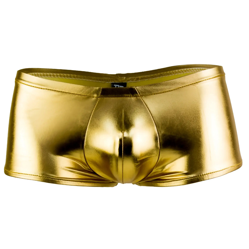 Male power 153070 heavy metal mini short boxer briefs in shiny gold metallic with sleek, form-fitting design