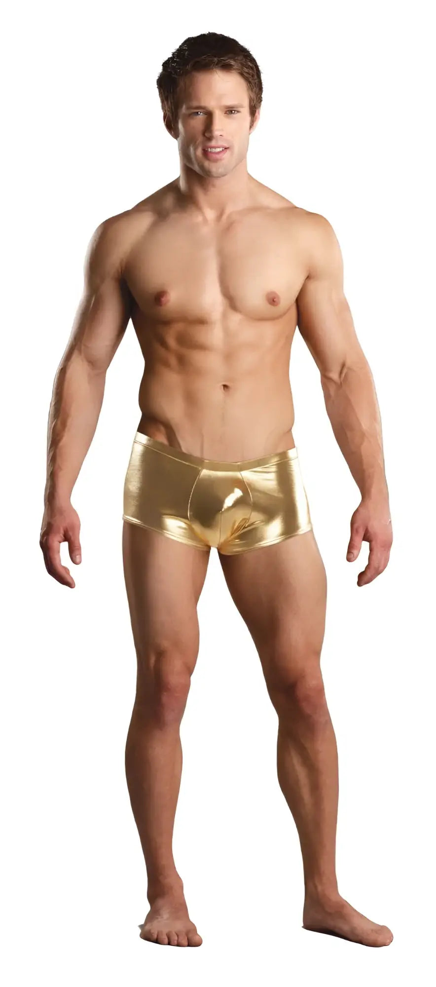 Male power 153070 heavy metal mini short boxer briefs in shiny gold metallic fabric for men
