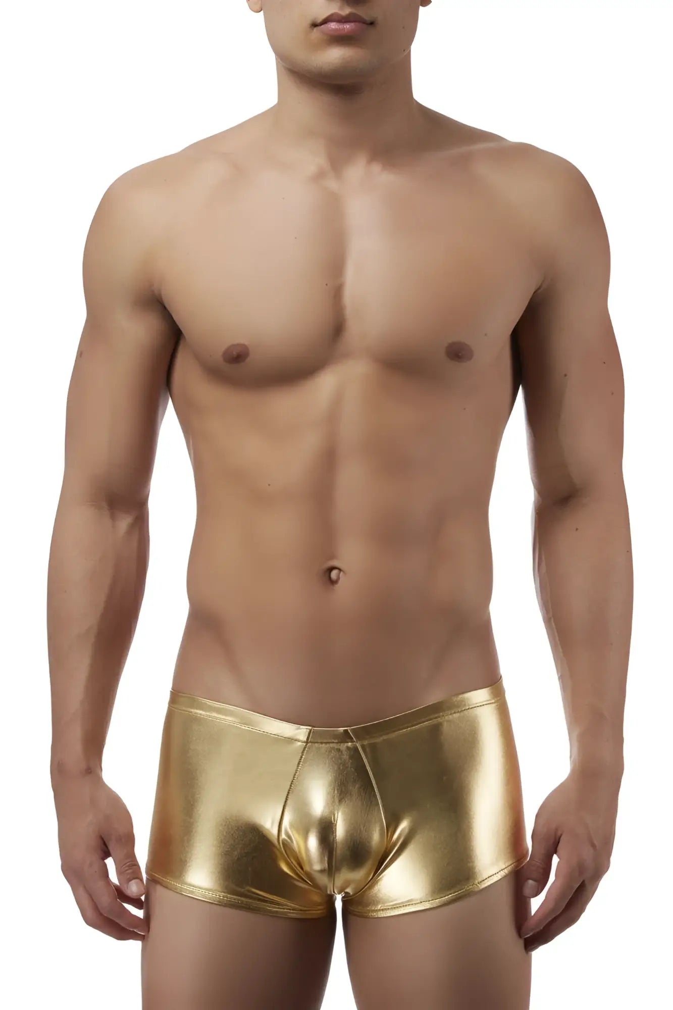 Male power 153070 heavy metal mini short boxer briefs in shiny gold metallic fabric for men’s underwear