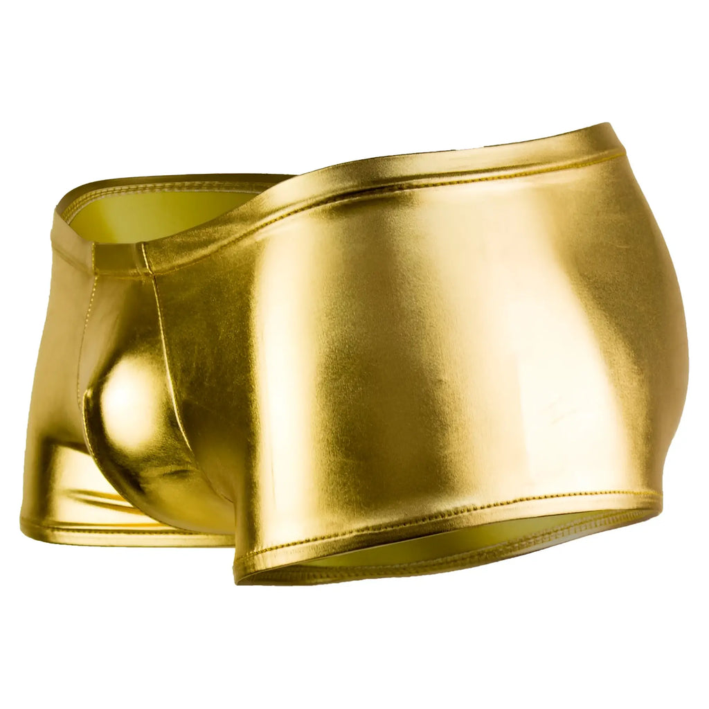 Male power 153070 heavy metal mini short boxer briefs in shiny gold metallic with a sleek form-fitting design