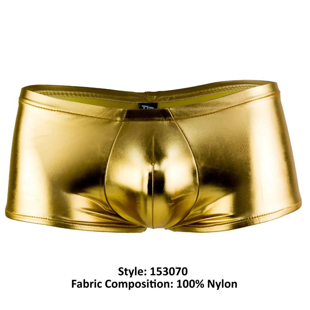 Male power 153070 heavy metal mini short boxer briefs in shiny gold nylon with a sleek form-fitting design