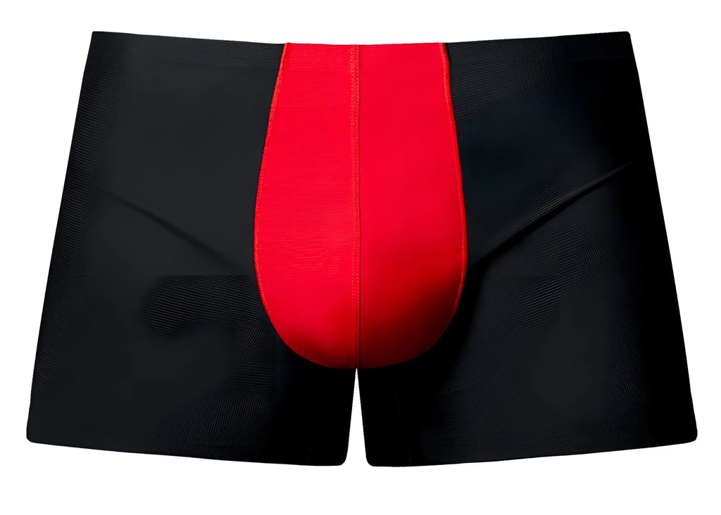 Male power 154-300 hot mesh pouch short in black with a bold red central panel made of breathable mesh