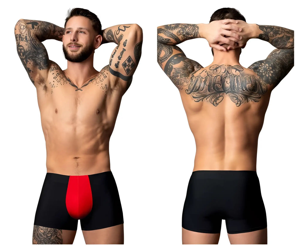 Male power 154-300 hot mesh pouch short in black with a bold red front panel made of breathable mesh material