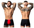 Male power 154-300 hot mesh pouch short in black with a bold red front panel made of breathable mesh material