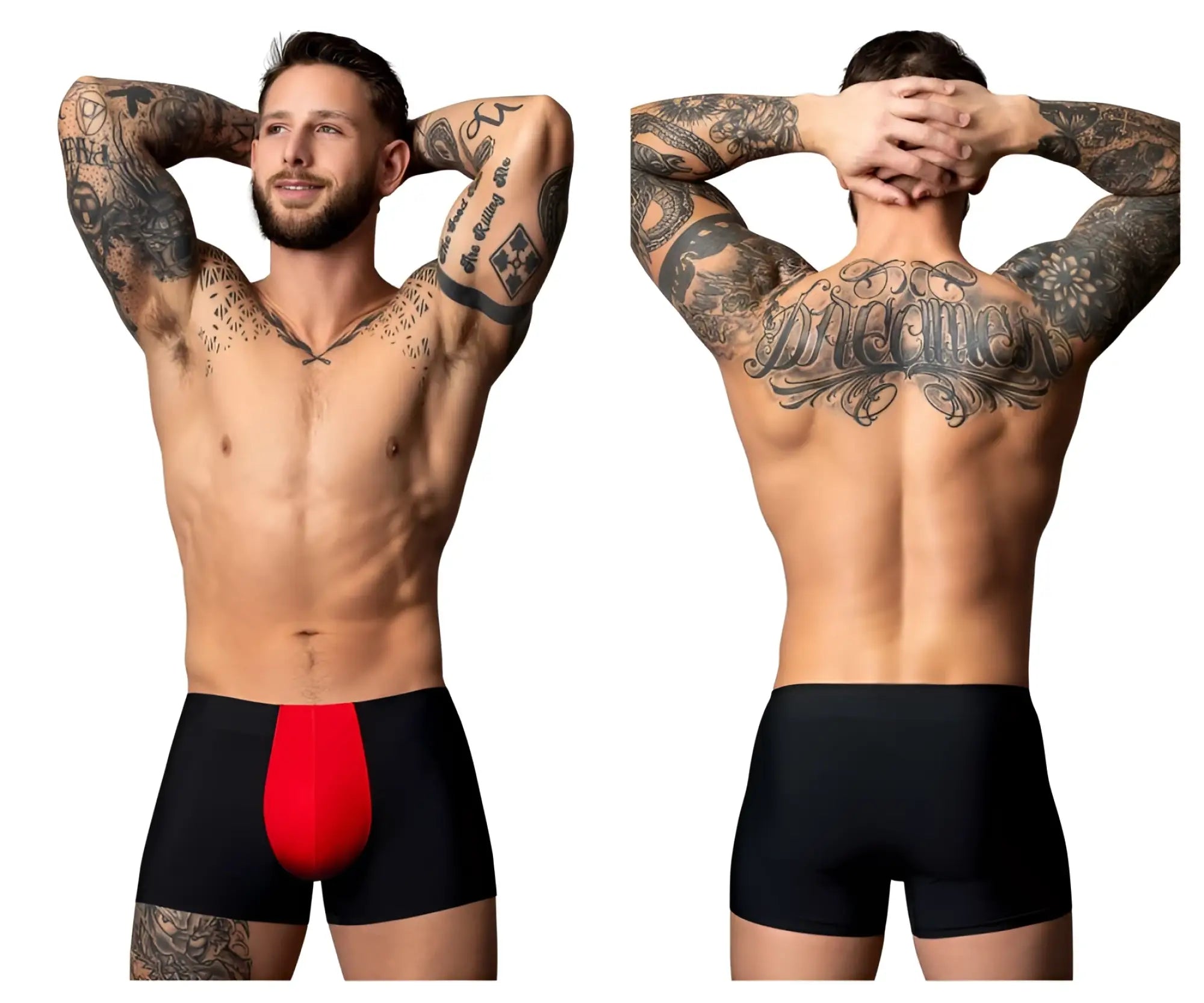Male power 154-300 hot mesh pouch short in black with a bold red front panel made of breathable mesh material