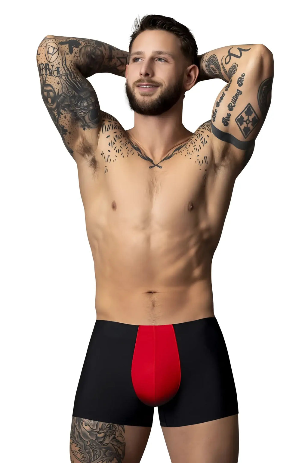 Male power 154-300 hot mesh pouch short boxer briefs with bold red central panel in black and red colors