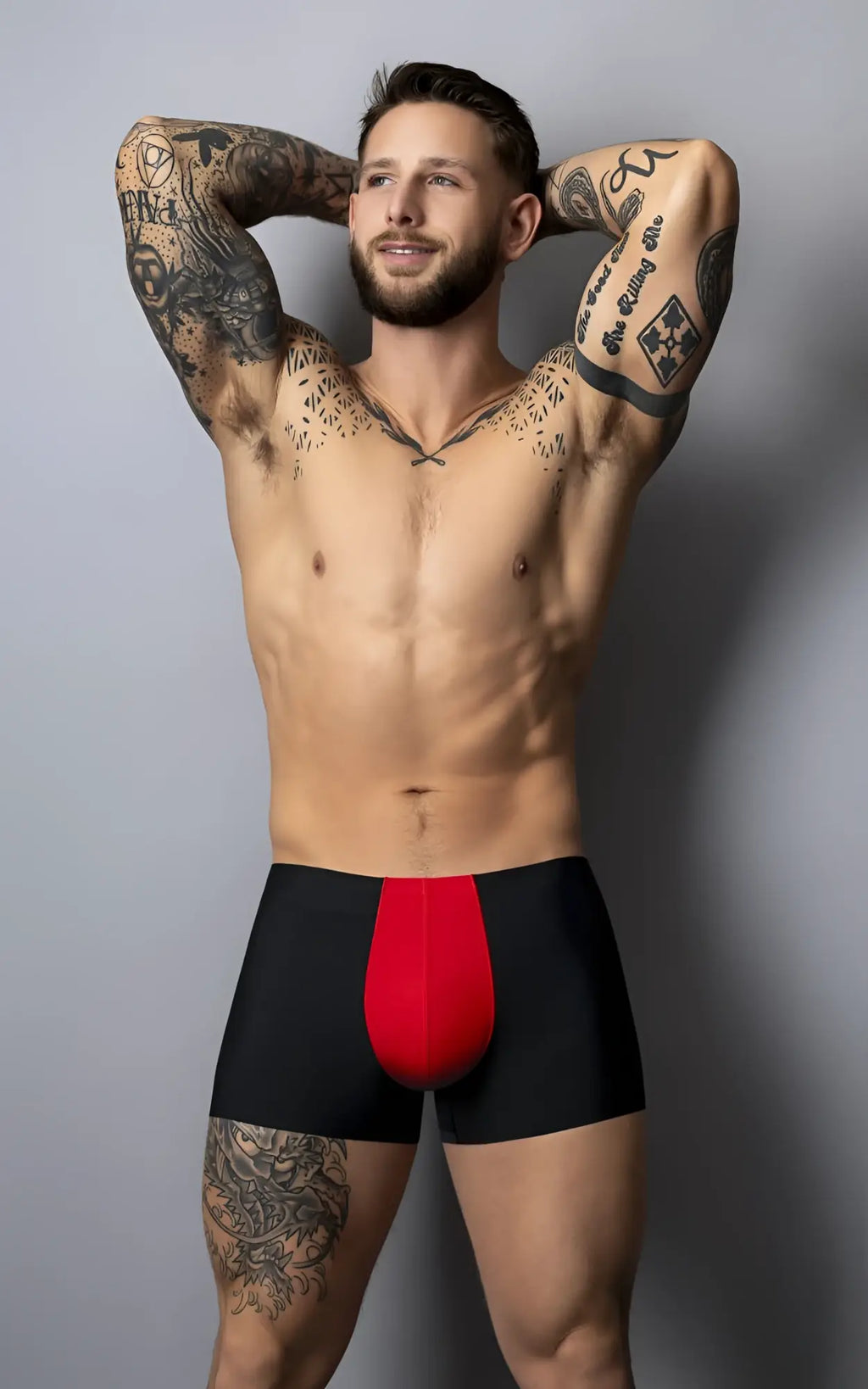 Male power 154-300 hot mesh pouch short black and red men’s boxer briefs with a bold central red panel