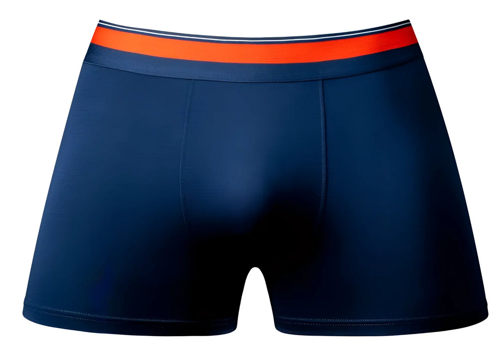 Navy blue Male Power 160-299 Soo Cumfy boxer brief with bright orange waistband and white dark blue stripes