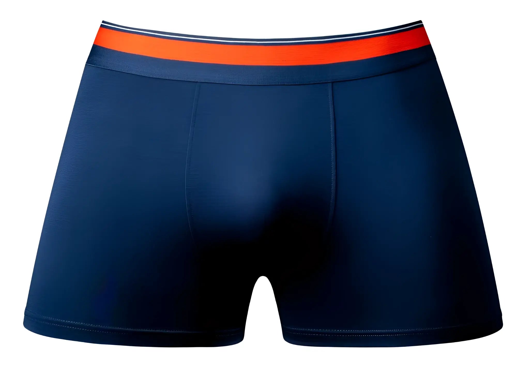 Navy blue Male Power 160-299 Soo Cumfy boxer brief with bright orange waistband and white dark blue stripes