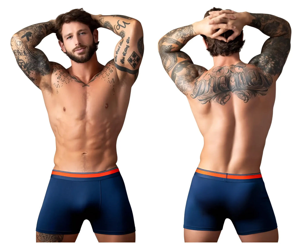 Navy blue Male Power Soo Cumfy boxer briefs with a bright orange elastic waistband for comfortable everyday wear