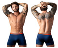 Navy blue Male Power Soo Cumfy boxer briefs with a bright orange elastic waistband for comfortable everyday wear