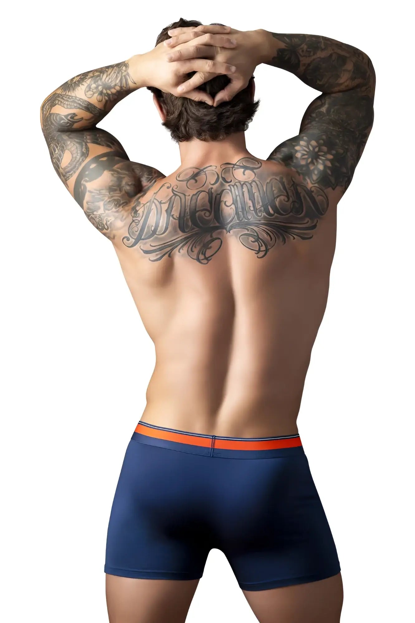 Navy blue male power 160-299 soo cumfy boxer briefs with bright orange elastic waistband for comfortable wear