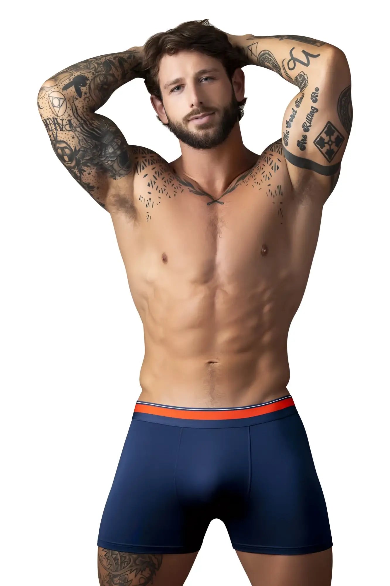 Male power 160-299 soo cumfy boxer briefs in navy with bright orange elastic waistband for comfortable wear