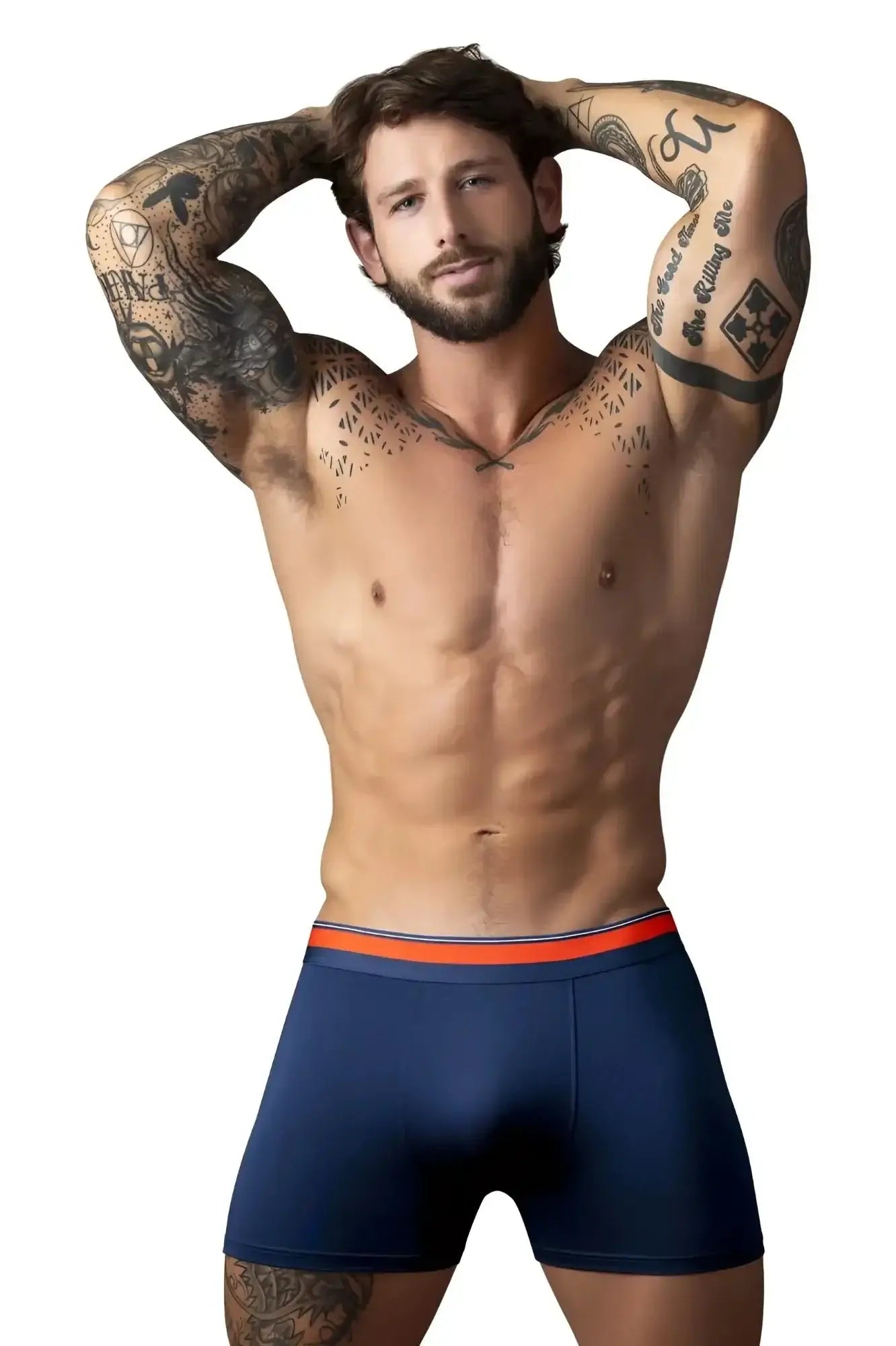 Male power 160-299 soo cumfy boxer briefs in navy with bright orange elastic waistband for comfortable wear