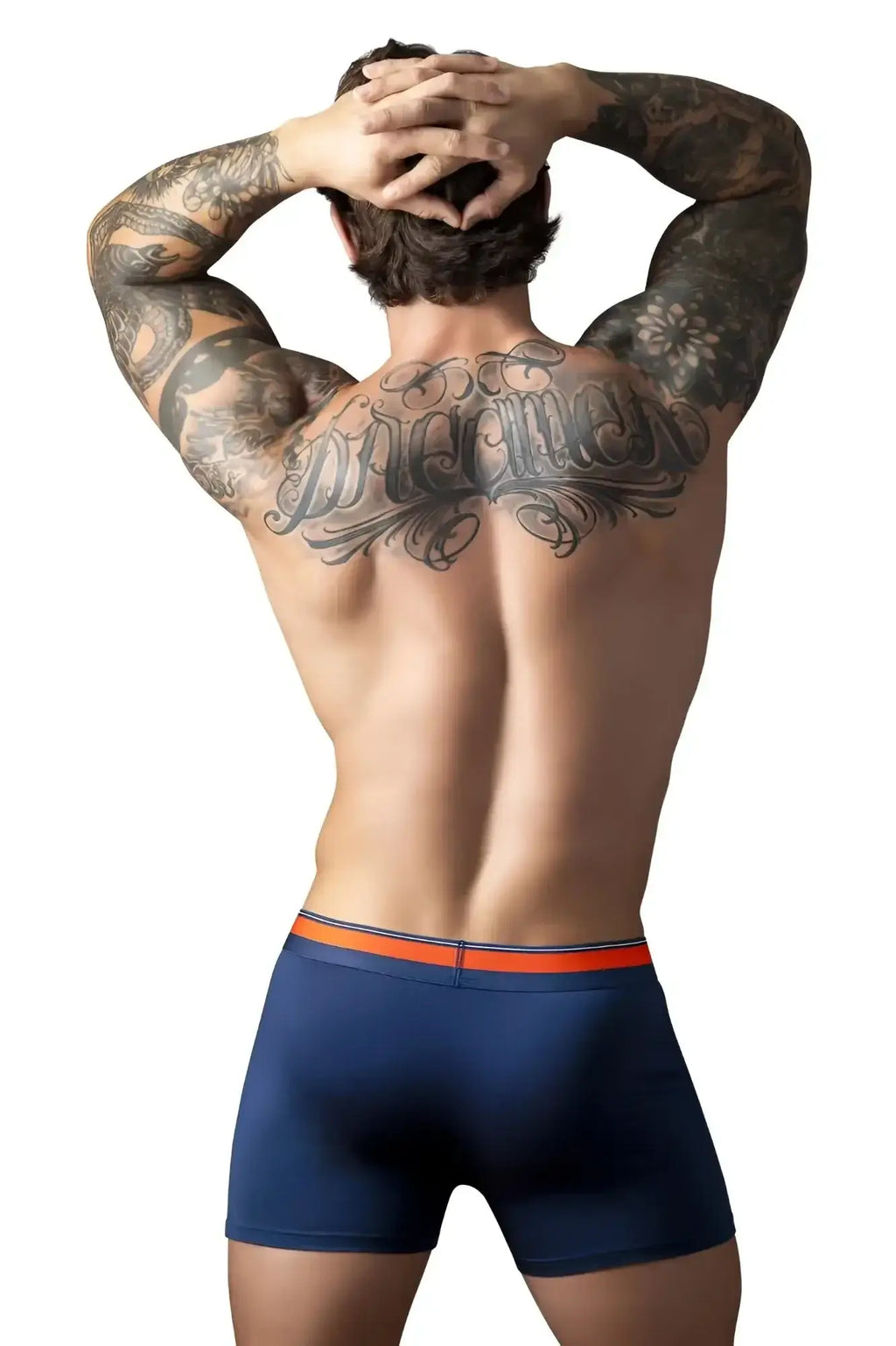 Navy blue male power 160-299 soo cumfy boxer briefs with bright orange elastic waistband for comfortable wear
