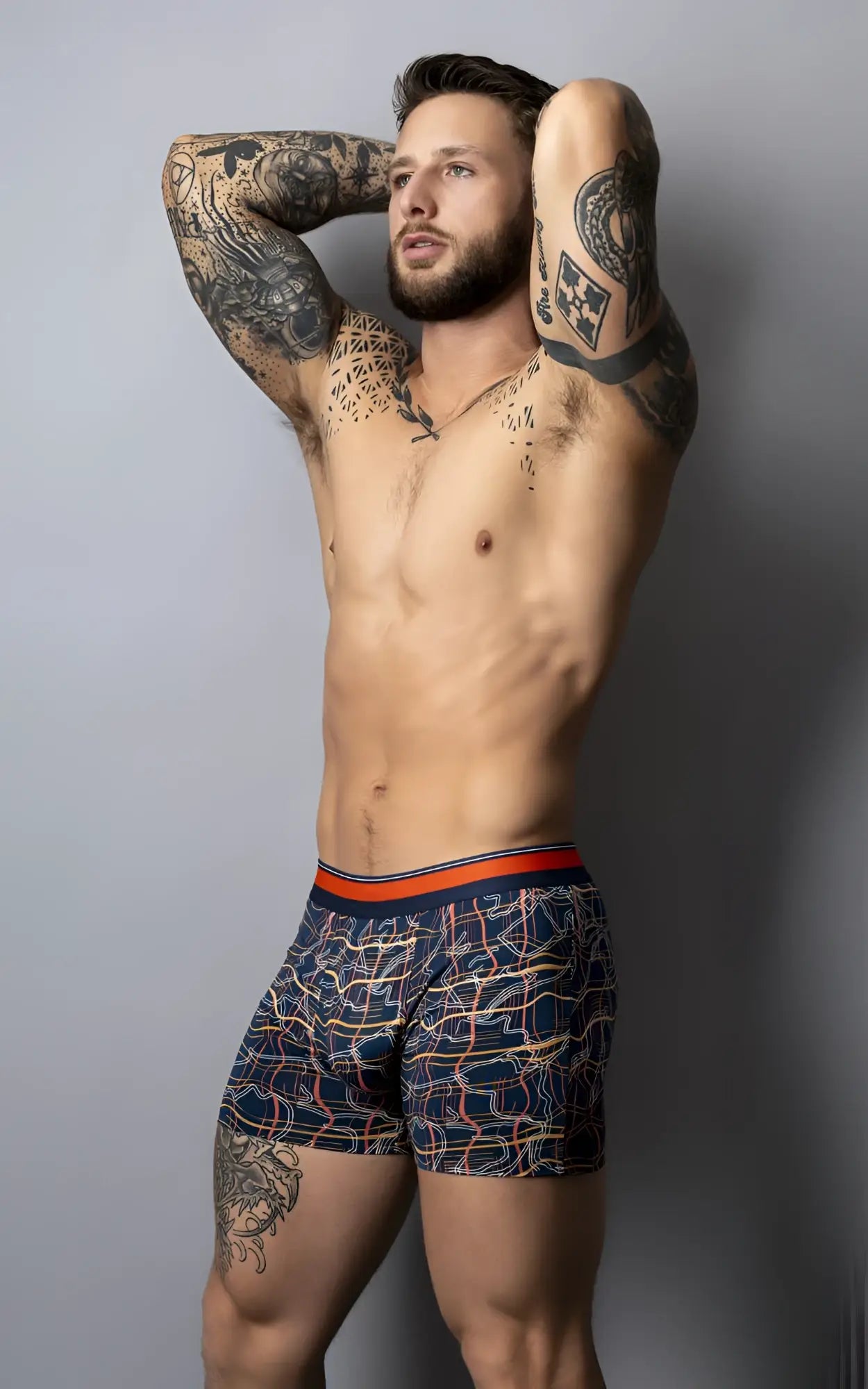 Male power 160-299 soo cumfy boxer brief navy blue with orange white geometric pattern and orange waistband