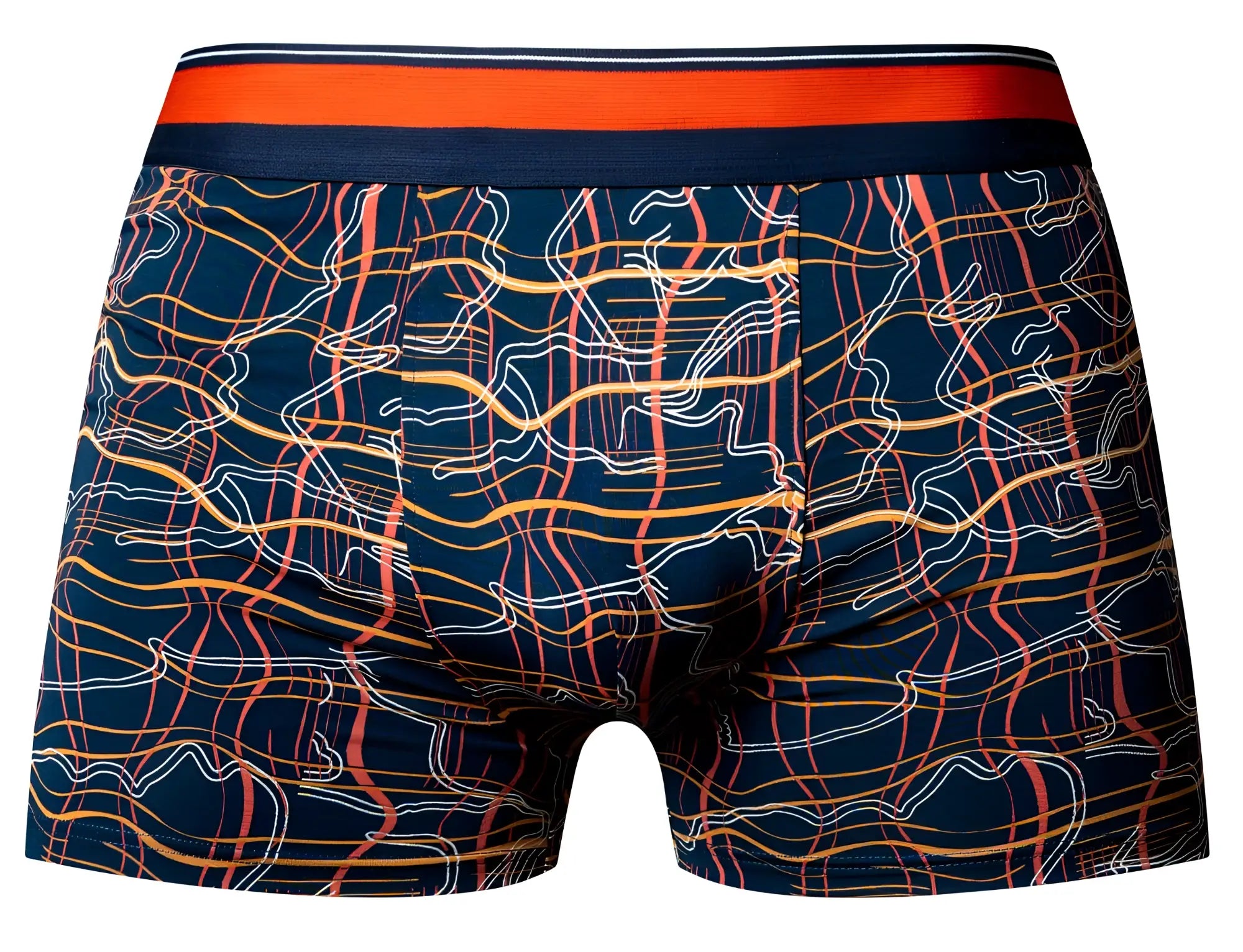 Navy male power 160-299 soo cumfy boxer briefs with vibrant orange yellow and white abstract wavy pattern