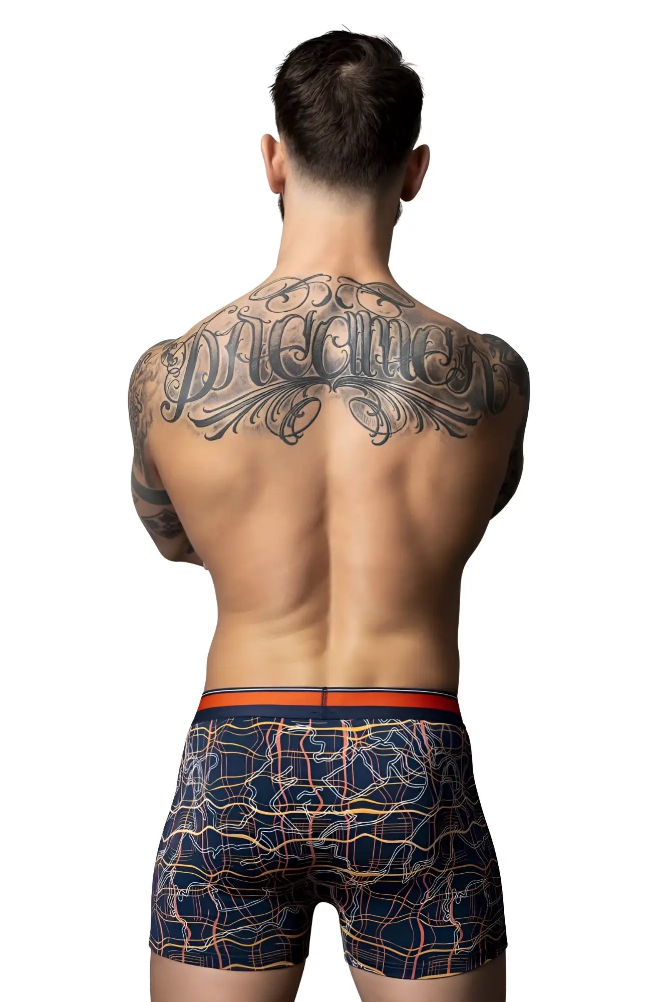 Male power 160-299 soo cumfy men’s navy blue boxer briefs with orange white geometric pattern and orange waistband