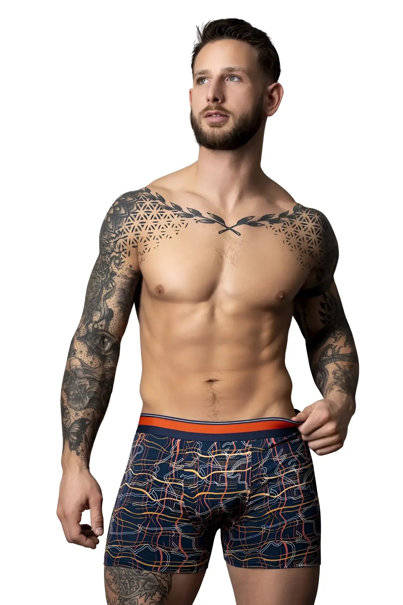 Male power 160-299 soo cumfy boxer briefs navy with orange and white geometric pattern and orange waistband
