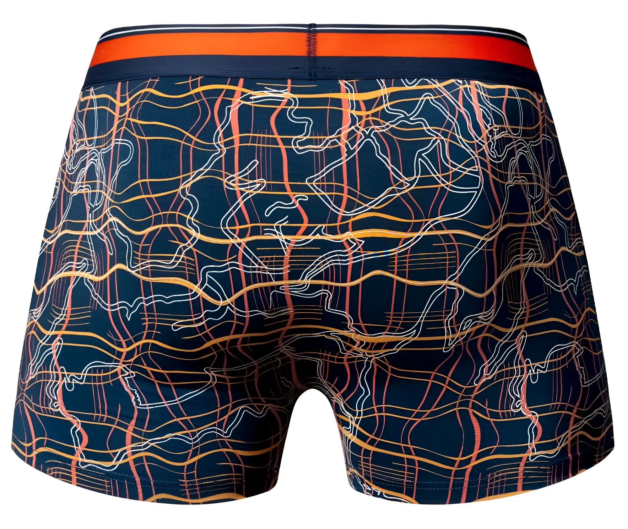 Male power 160-299 soo cumfy navy boxer briefs with vibrant orange yellow and white abstract wavy pattern
