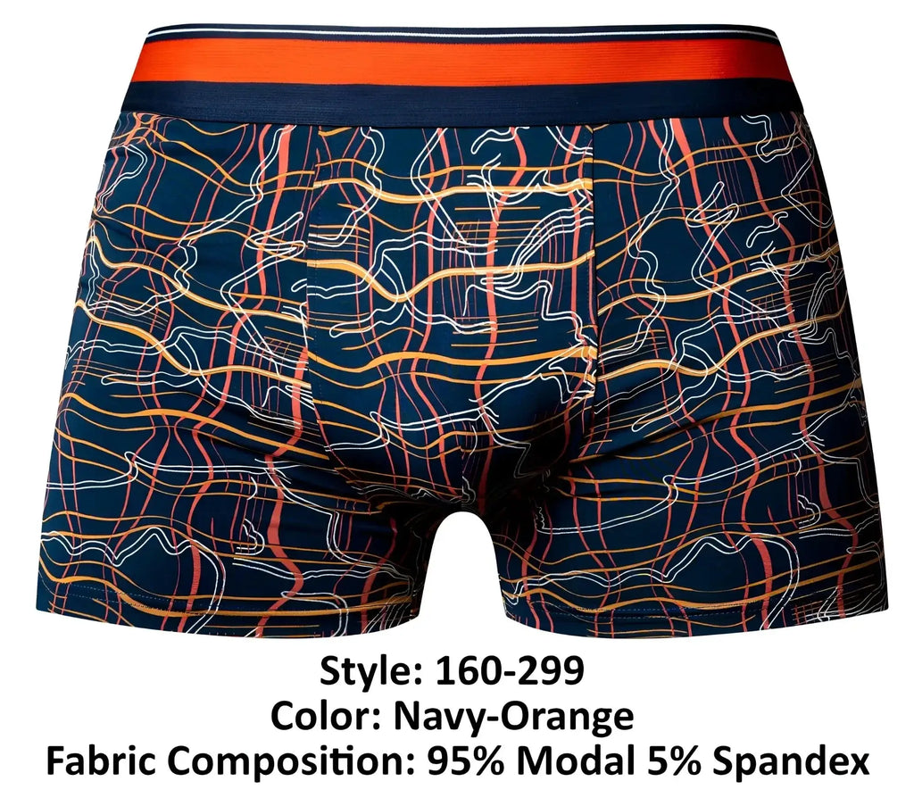 Male Power 160-299 Soo Cumfy boxer brief in navy with a navy orange dynamic wavy line pattern for comfortable wear
