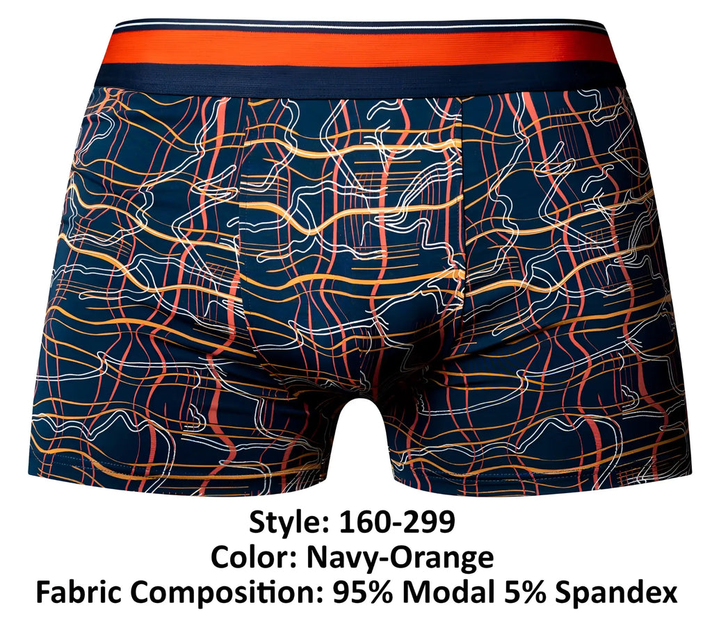 Male Power 160-299 Soo Cumfy boxer brief in navy with a navy orange dynamic wavy line pattern for comfortable wear