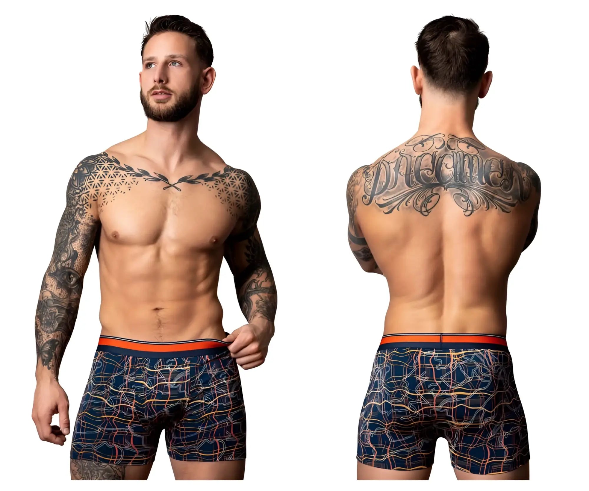 Male power 160-299 soo cumfy boxer brief in navy with orange pink geometric pattern and orange waistband