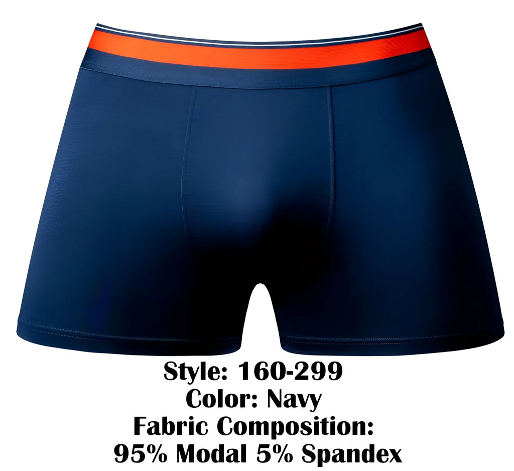 Male power 160-299 soo cumfy boxer briefs in navy with contrasting orange and white striped waistband for comfortable wear