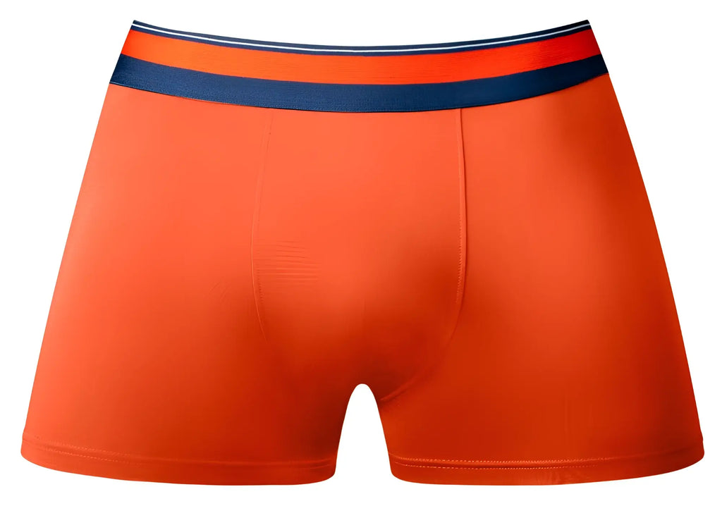 Bright orange male power soo cumfy boxer briefs with navy blue waistband and white and red stripes