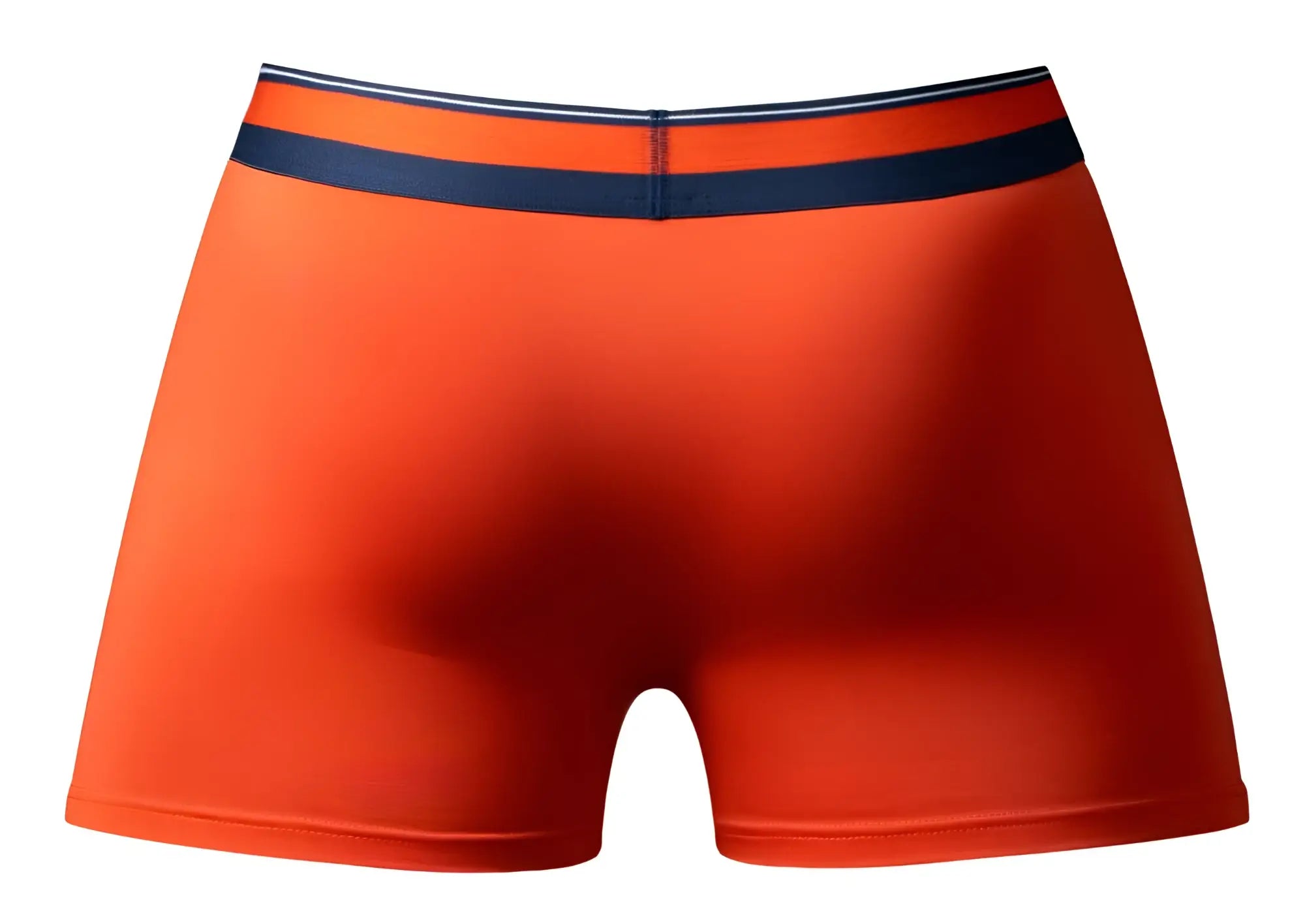 Male power 160-299 soo cumfy bright orange boxer briefs with navy blue waistband featuring white and gray stripes