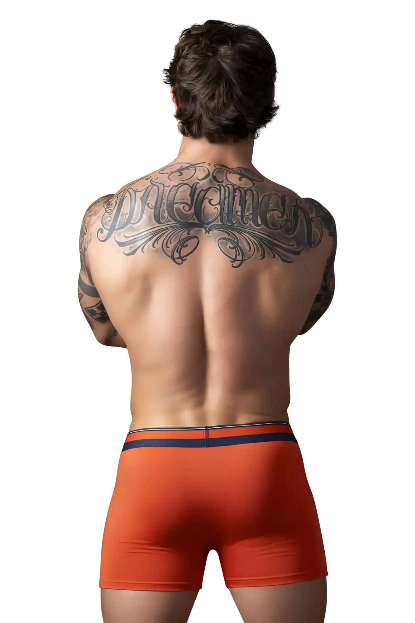 Orange male power soo cumfy boxer briefs with navy blue trim designed for comfort and support