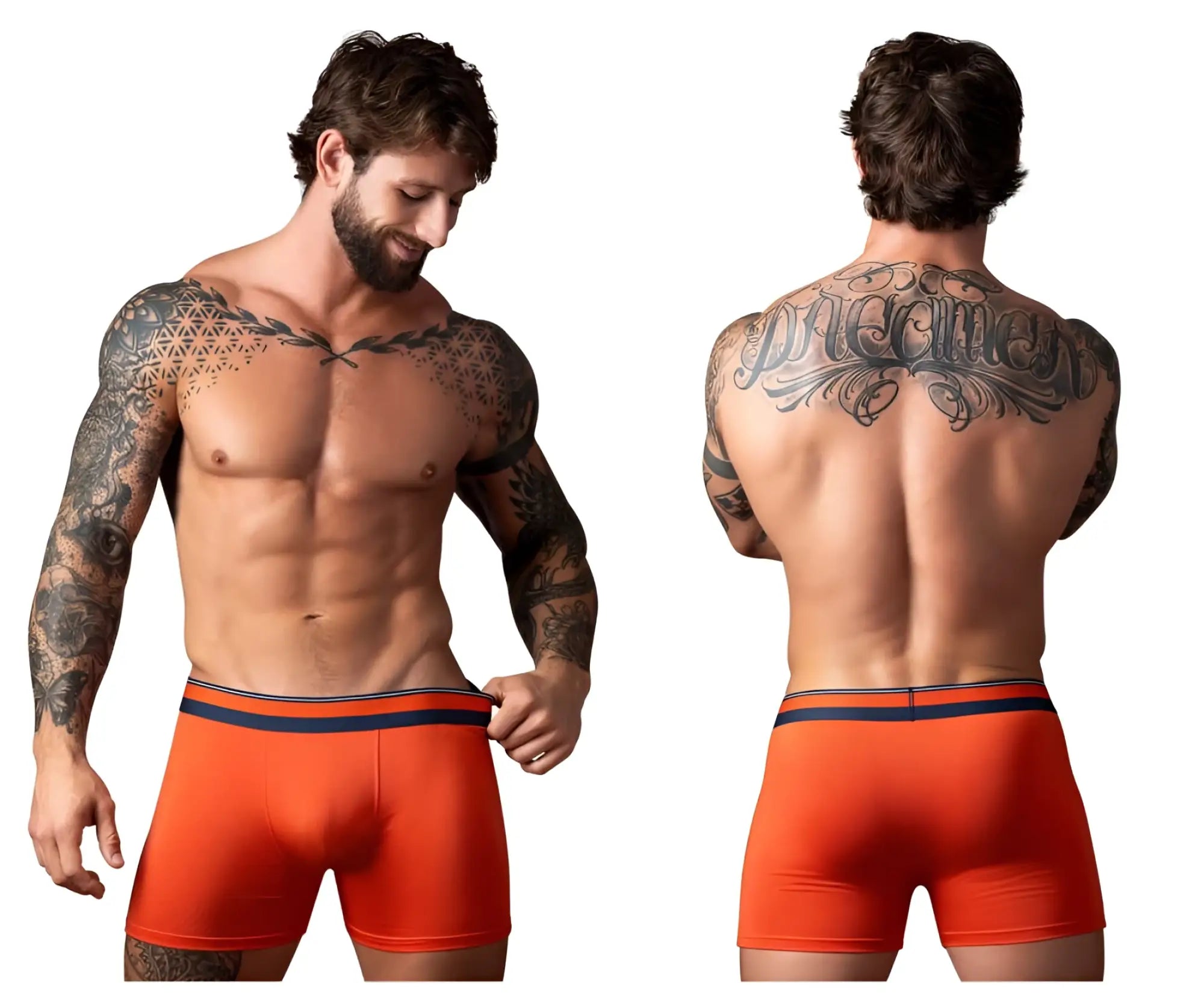 Male Power 160-299 Soo Cumfy boxer brief in orange with navy blue trim designed for comfort and support