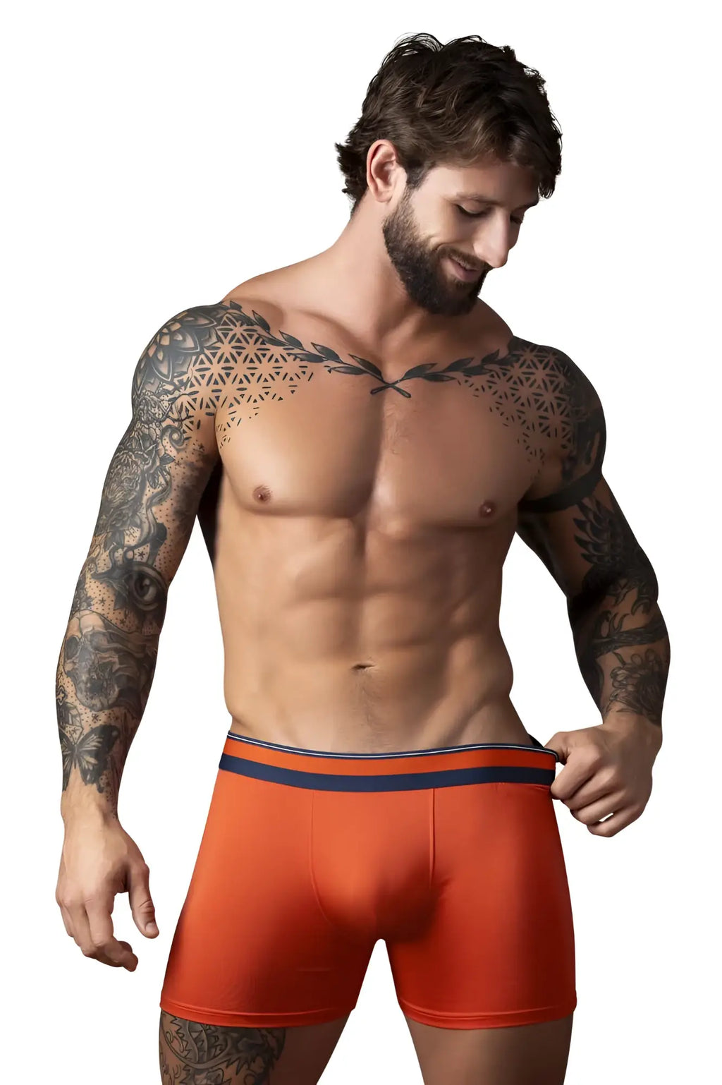 Orange male power 160-299 soo cumfy boxer briefs with navy blue and white striped waistband for comfortable wear