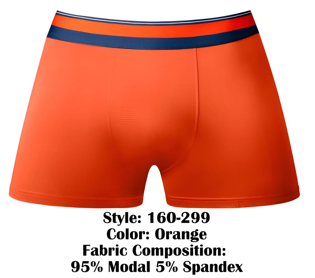 Orange boxer briefs with navy blue and white striped waistband made from 95 percent modal and 5 percent spandex by male power